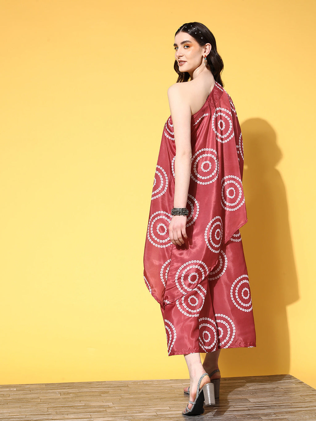 InWeave Women's Maroon Bandhani Motif One Shoulder Palazzo Set | Grocsy