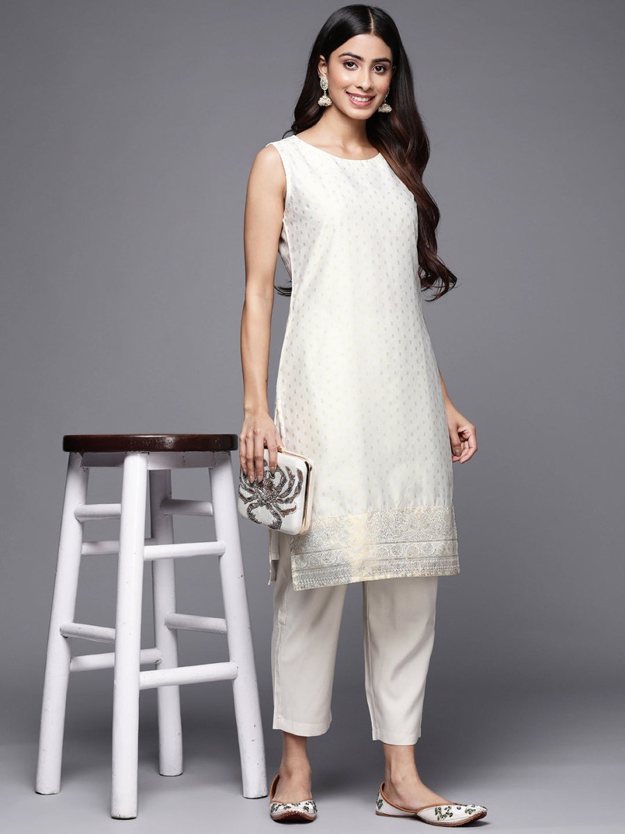 Ahalyaa Women Off White & Gold-Toned Geometric Printed Kurta | Grocsy