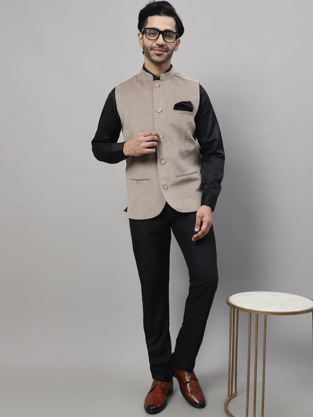 Even Apparels Men's Beige Nehru Jacket With Welt Pockets | Grocsy