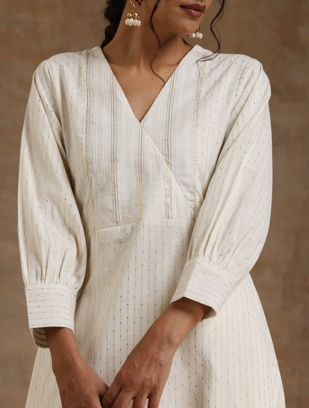 trueBrowns Ivory Gold Cotton Overlap Yoke Kurta Set | Grocsy