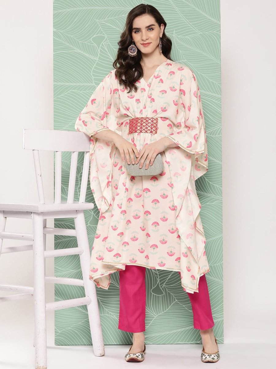Ahalyaa Women Floral Printed Flared Sleeves Gotta Patti Crepe Kaftan Kurta | Grocsy
