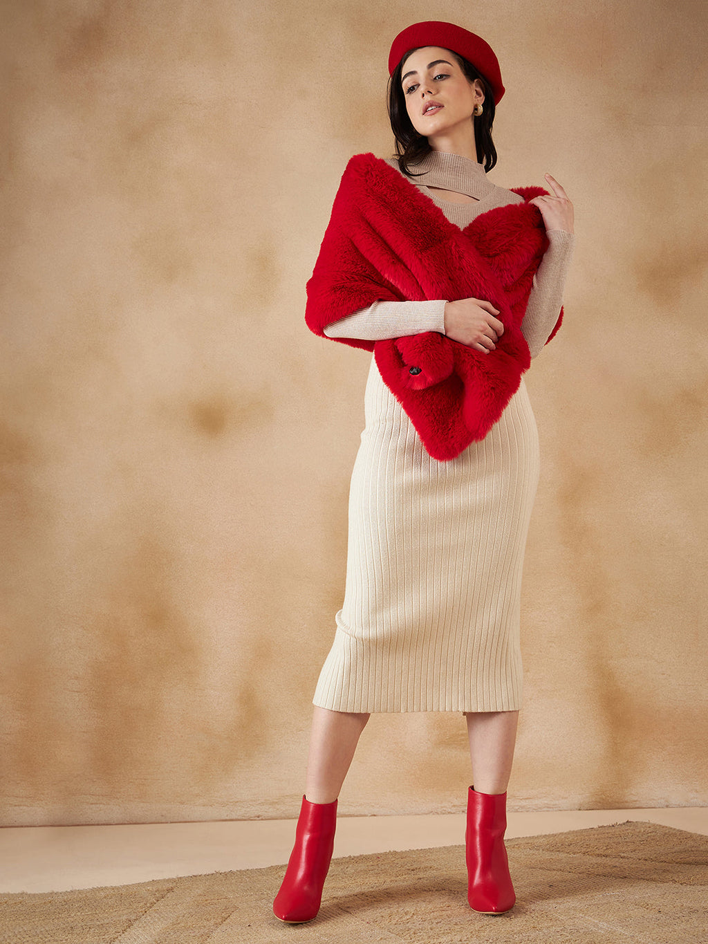 InWeave Women's Cherry Red Long Faux Fur Cape | Grocsy
