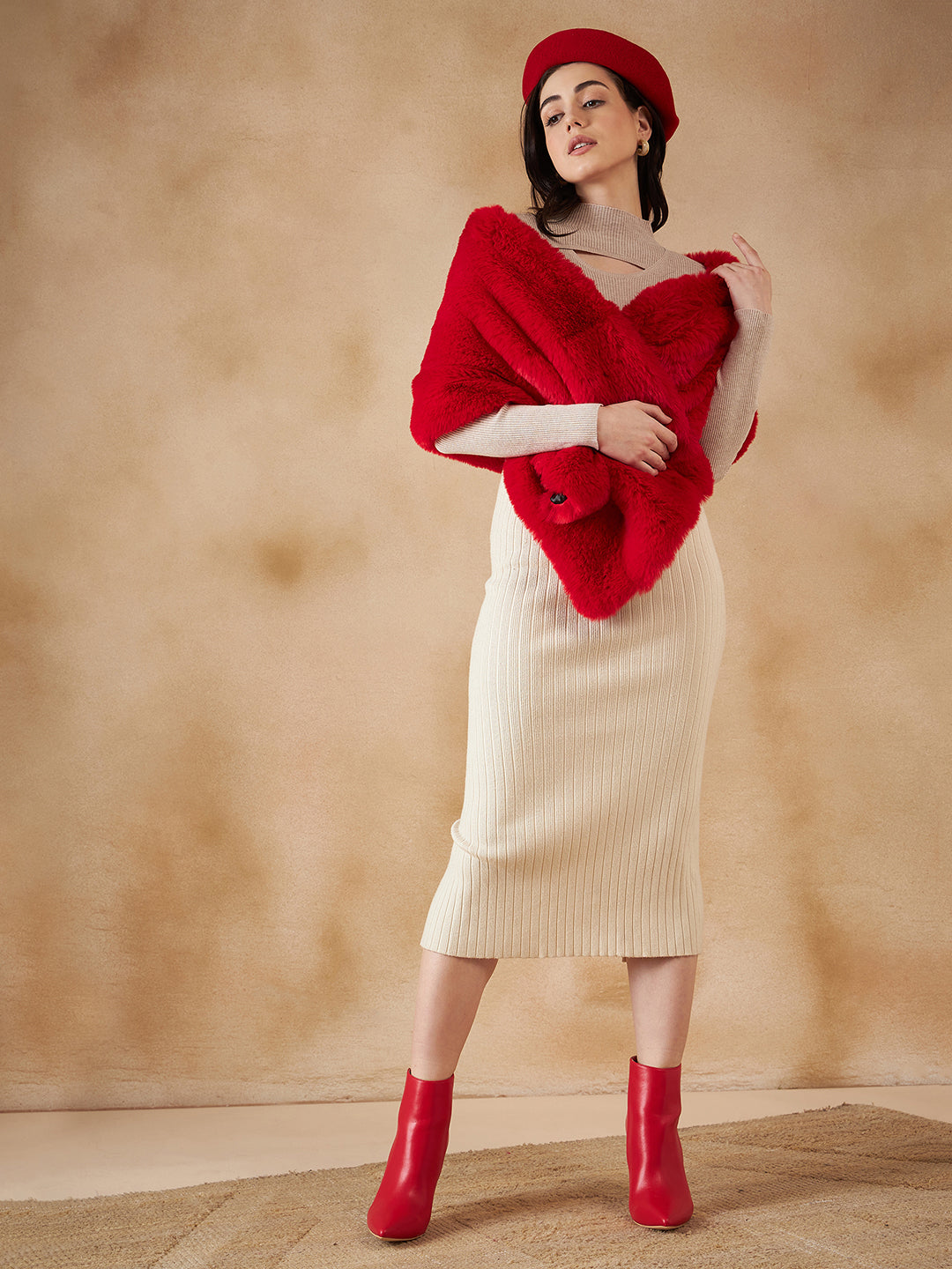 InWeave Women's Cherry Red Long Faux Fur Cape | Grocsy
