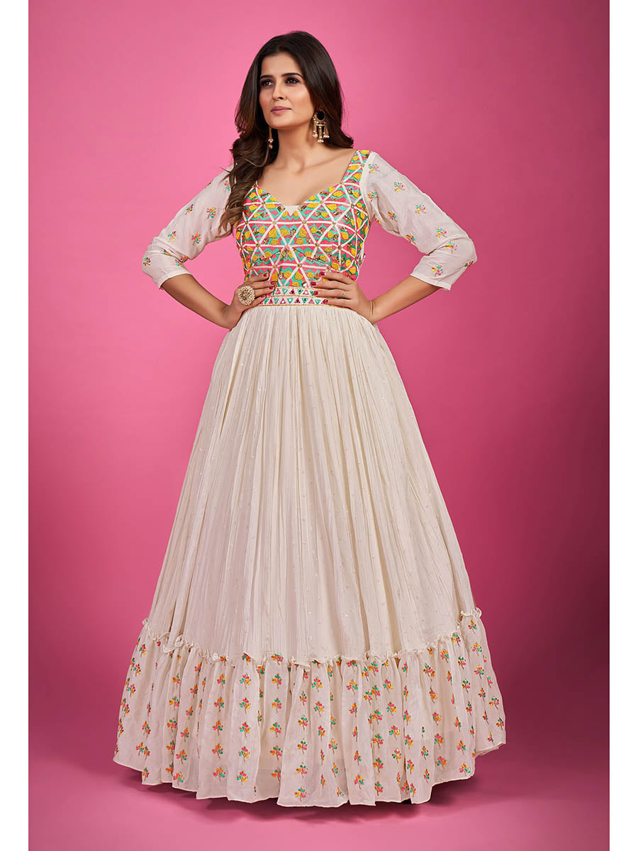 Myra White Chinon Silk Embroidered Gown | Grocsy