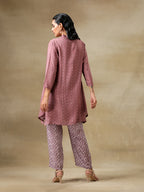 trueBrowns Dark Mauve Bandhani Printed Silk Collared Co-Ord Set | Grocsy