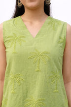 Myshka Women Green Pure Cotton Embroidered Sleeveless Regular Top | Grocsy