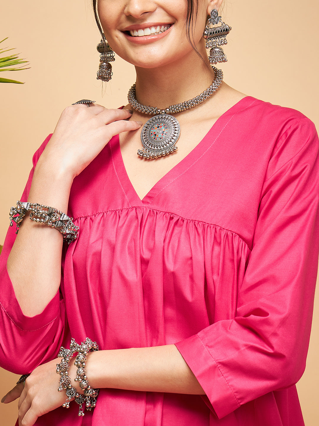 InWeave Women's Fuchsia Flared Kurta Palazzo Set | Grocsy