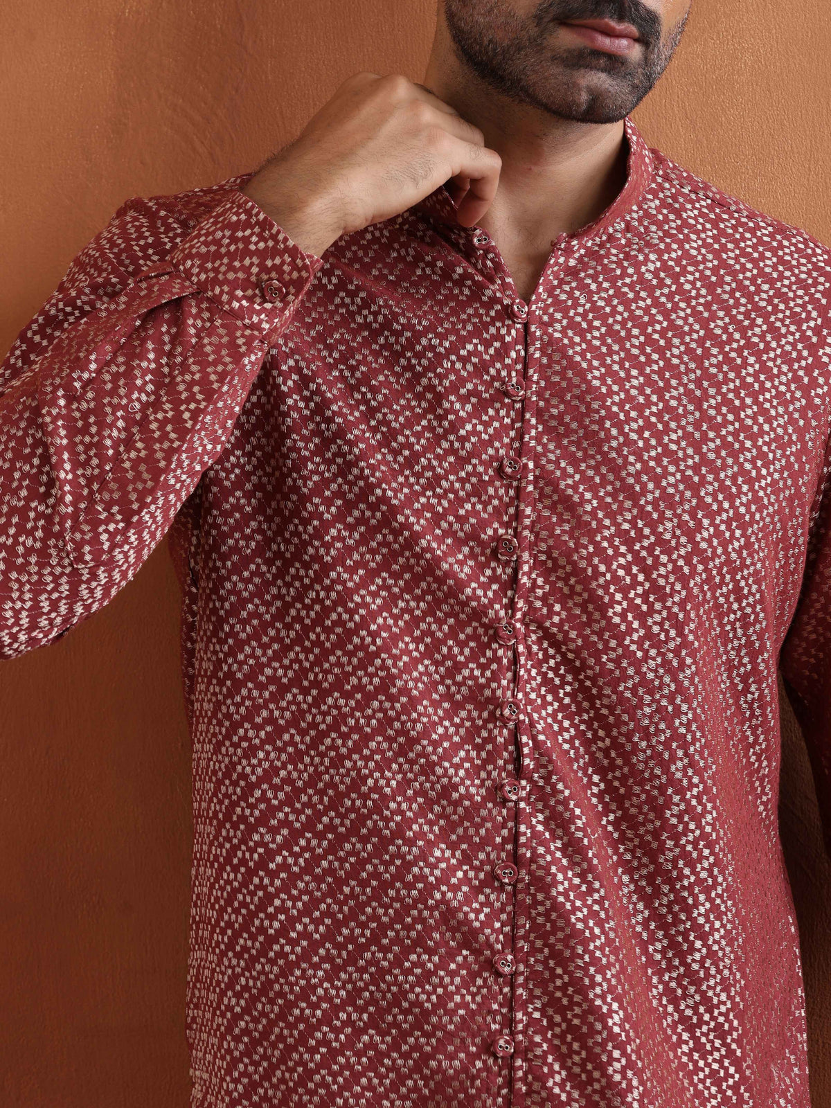trueBrowns Men's Rust Cotton Dobby Short Kurta | Grocsy