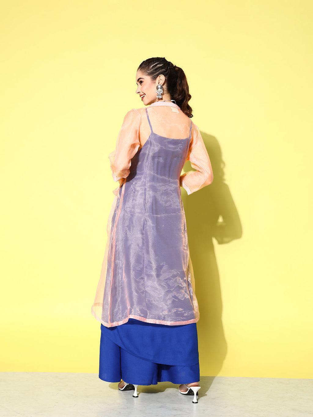 InWeave Women's Ink Blue Strappy Kurta Set With Peach Organza Cape | Grocsy