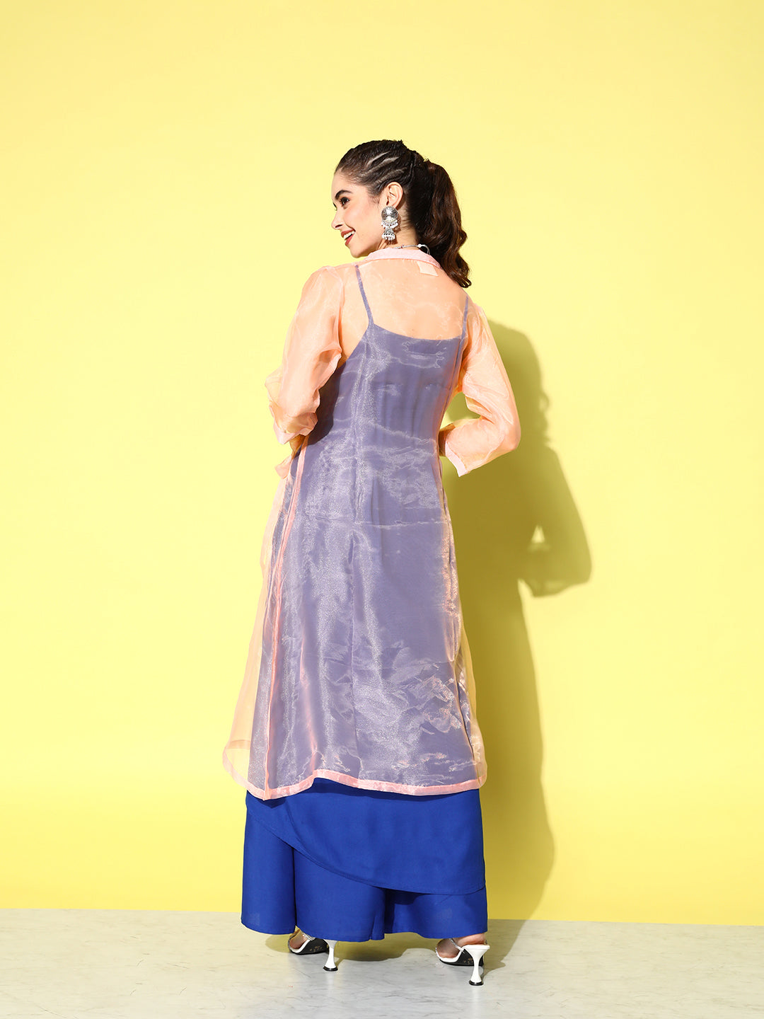 InWeave Women's Ink Blue Strappy Kurta Set With Peach Organza Cape | Grocsy