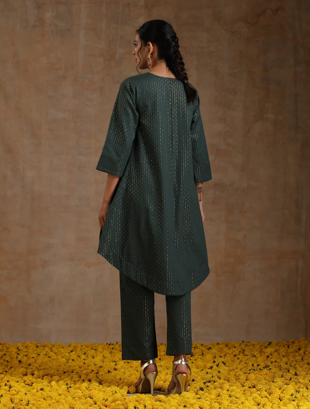 trueBrowns Dark Green Gold Cotton High-Low Co-Ord Set | Grocsy