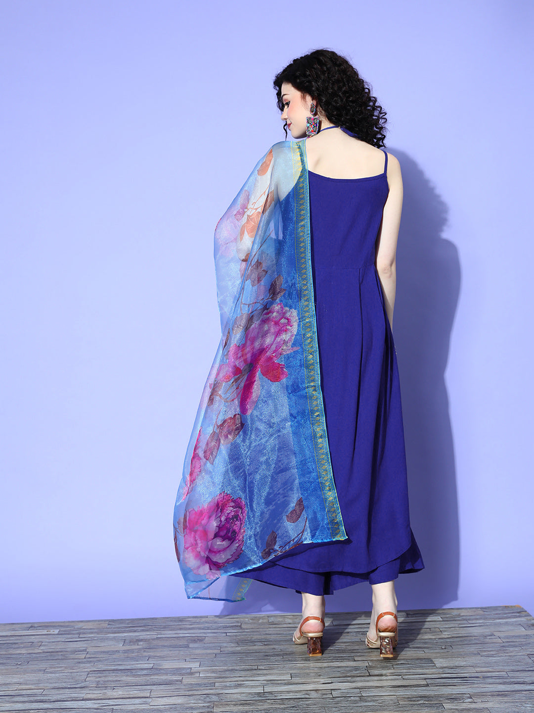 InWeave Women's Strappy Set In Ink Blue With Blue  Fuschia Floral Organza Dupatta | Grocsy