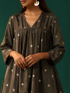 trueBrowns Grey Diamond Viscose Silk Yoke Gathered Co-ord Set | Grocsy