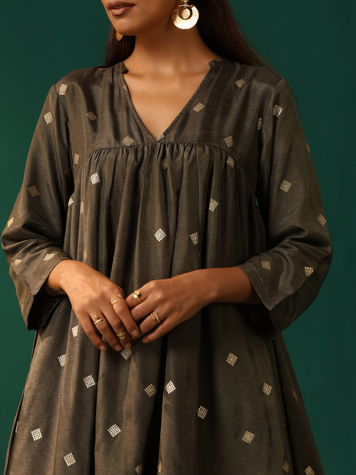 trueBrowns Grey Diamond Viscose Silk Yoke Gathered Co-ord Set | Grocsy