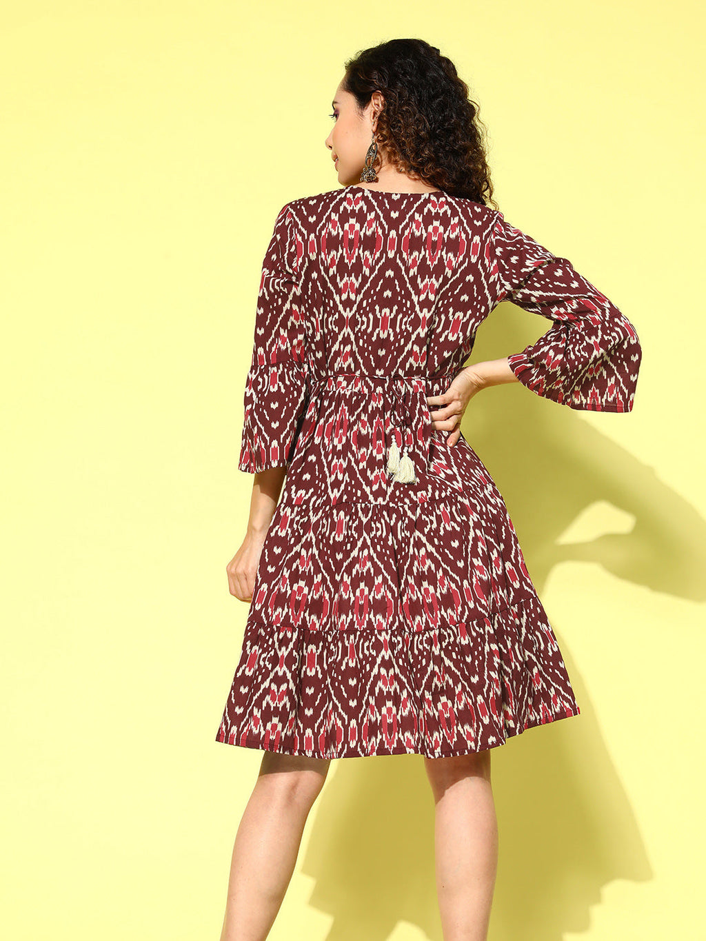 InWeave Women's Wine Pink Ikkat Print Short Dress | Grocsy