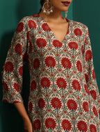 trueBrowns Ivory Red Circle Floral Muslin Silk Printed V-Neck Kurta Pant Set | Grocsy