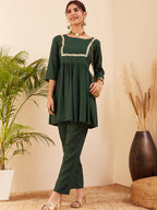 InWeave Women's Forest Green Round Neck Square Gota Work Kurta Pant Set | Grocsy