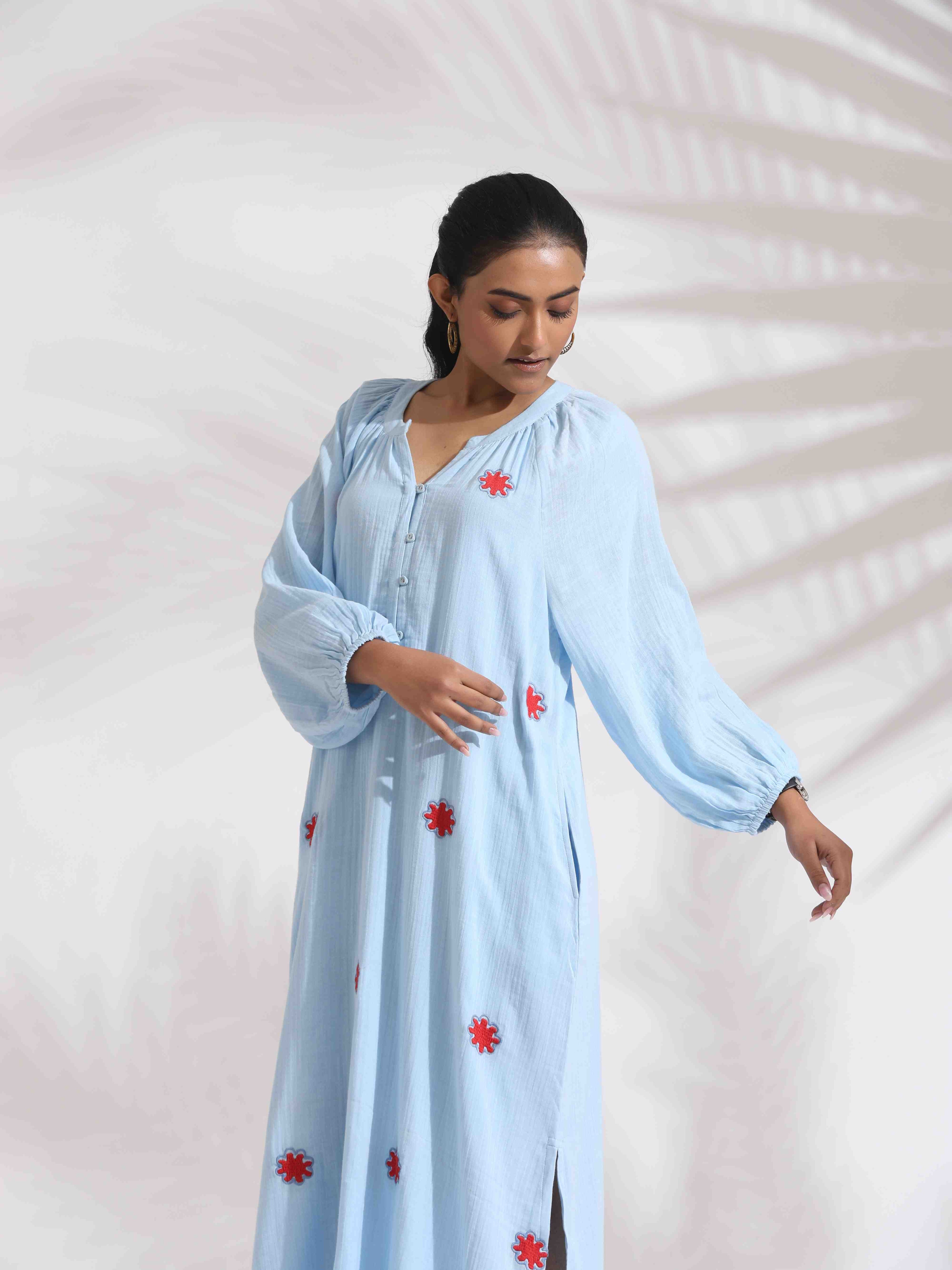 trueBrowns Blue Cotton Embroidered Dress | Grocsy