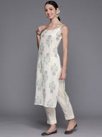Ahalyaa Floral Printed Regular Pure Cotton Kurta with Trousers & Jacket | Grocsy