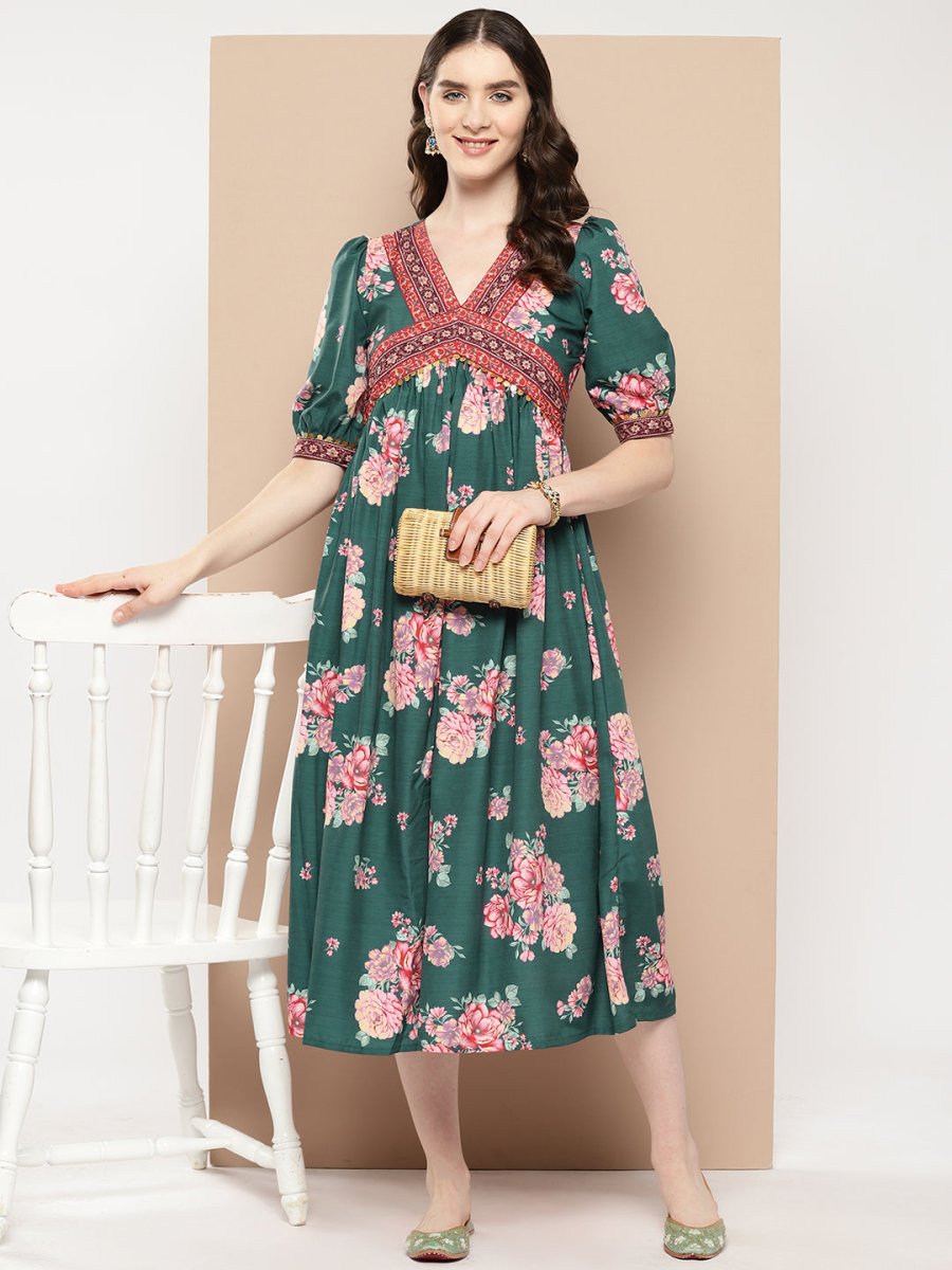 Ahalyaa Women Floral Printed Empire Ethnic Dress | Grocsy