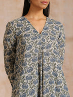 trueBrowns Blue Grey Overall Floral Block On White Print Cotton Kurta Pant Set | Grocsy