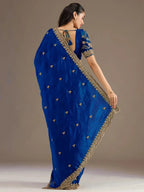 Tulsi Art Dazzling Blue Embroidered Silk Festive Wear Saree With Blouse | Grocsy