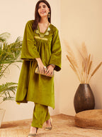 InWeave Women's Olive V Neck Asymmetrical Pleated Velvet Kurta Set | Grocsy