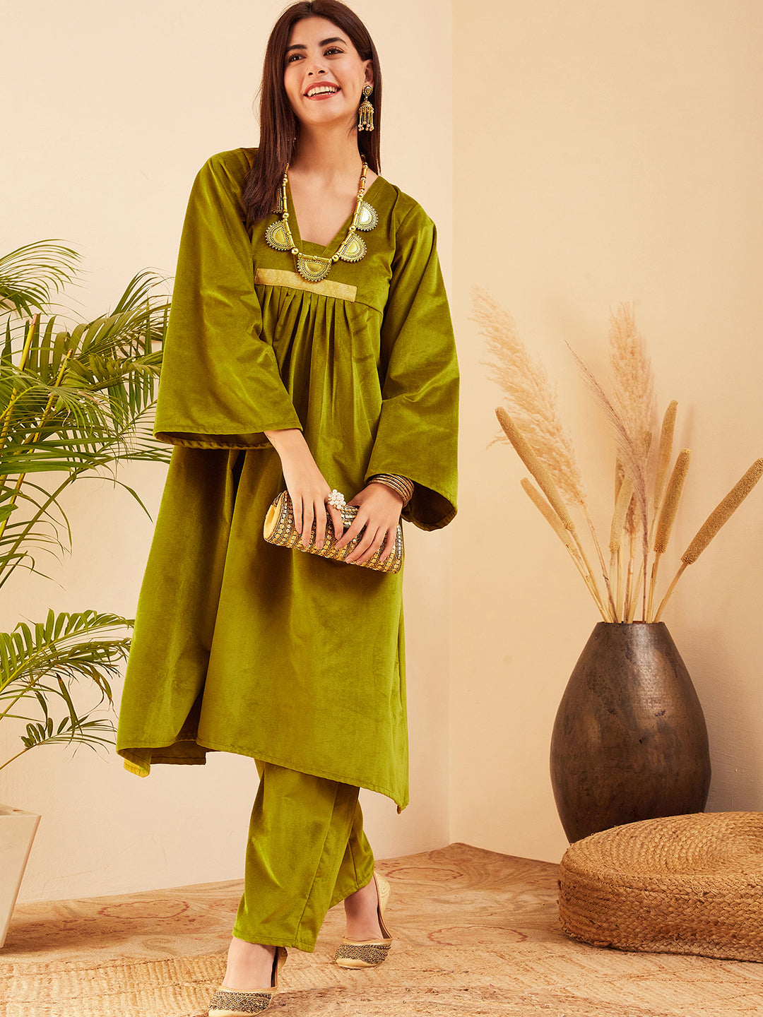 InWeave Women's Olive V Neck Asymmetrical Pleated Velvet Kurta Set | Grocsy