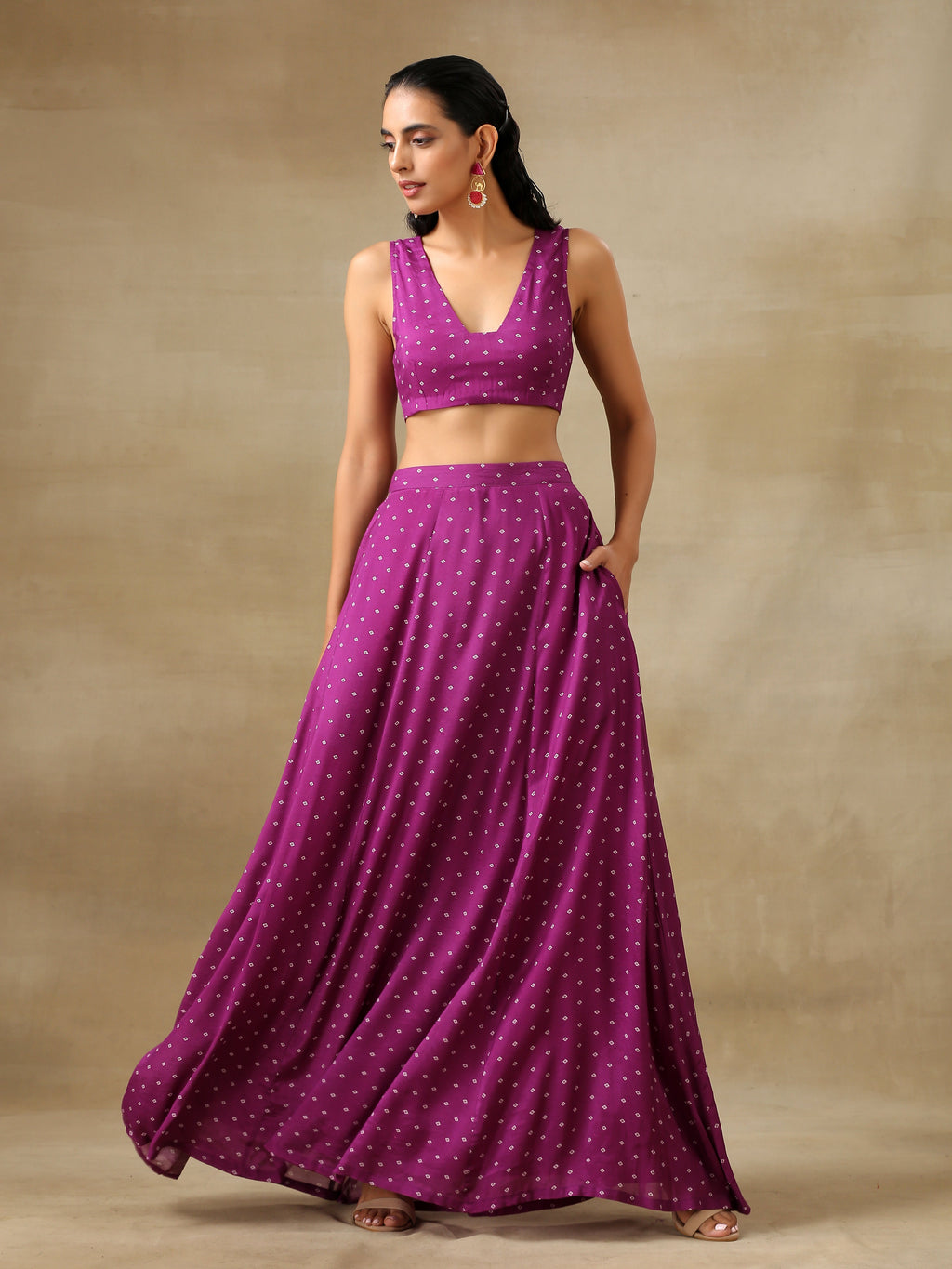 trueBrowns Purple Bandhani Printed Silk Top Skirt Jacket Set | Grocsy