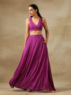 trueBrowns Purple Bandhani Printed Silk Top Skirt Jacket Set | Grocsy