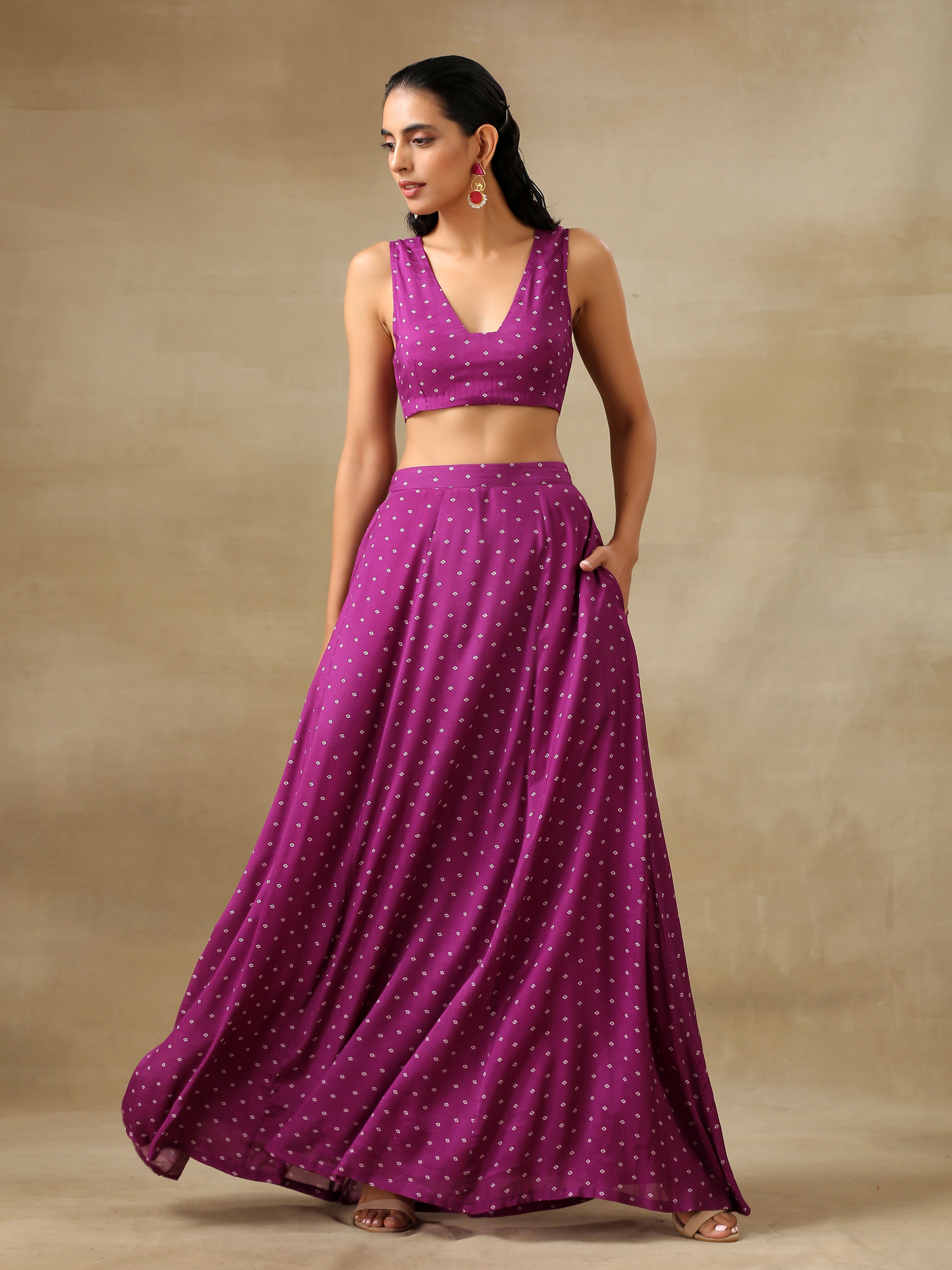 trueBrowns Purple Bandhani Printed Silk Top Skirt Jacket Set | Grocsy