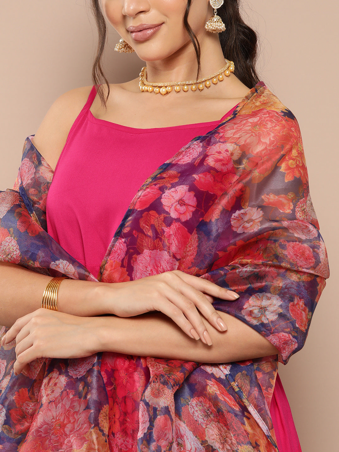 InWeave Women's Fuchsia Strappy Set With Navy Floral Organza Dupatta | Grocsy