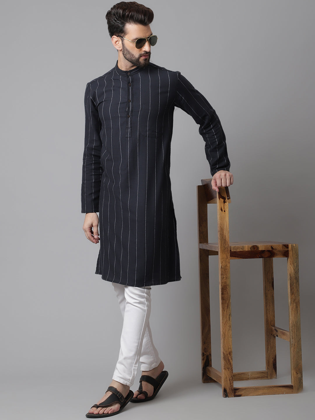 Even Apparels Black Pure Cotton Kurta With Band Collar | Grocsy