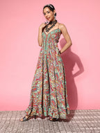 InWeave Women's Green Paisley Print Back Detail Long Dress | Grocsy