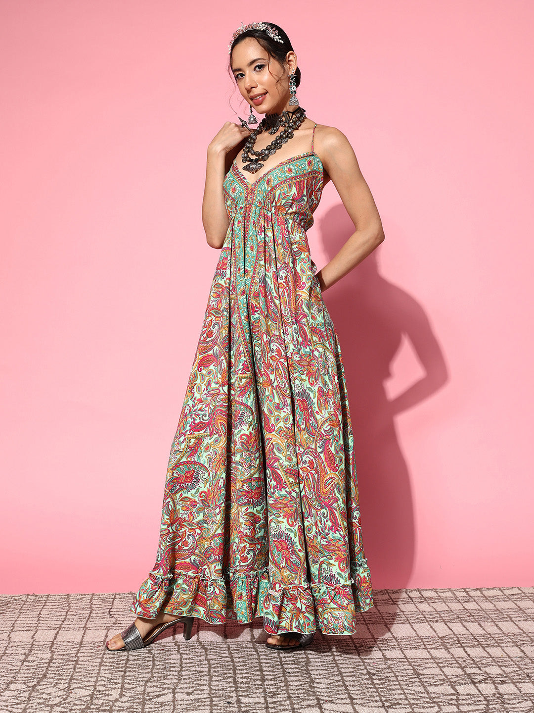 InWeave Women's Green Paisley Print Back Detail Long Dress | Grocsy