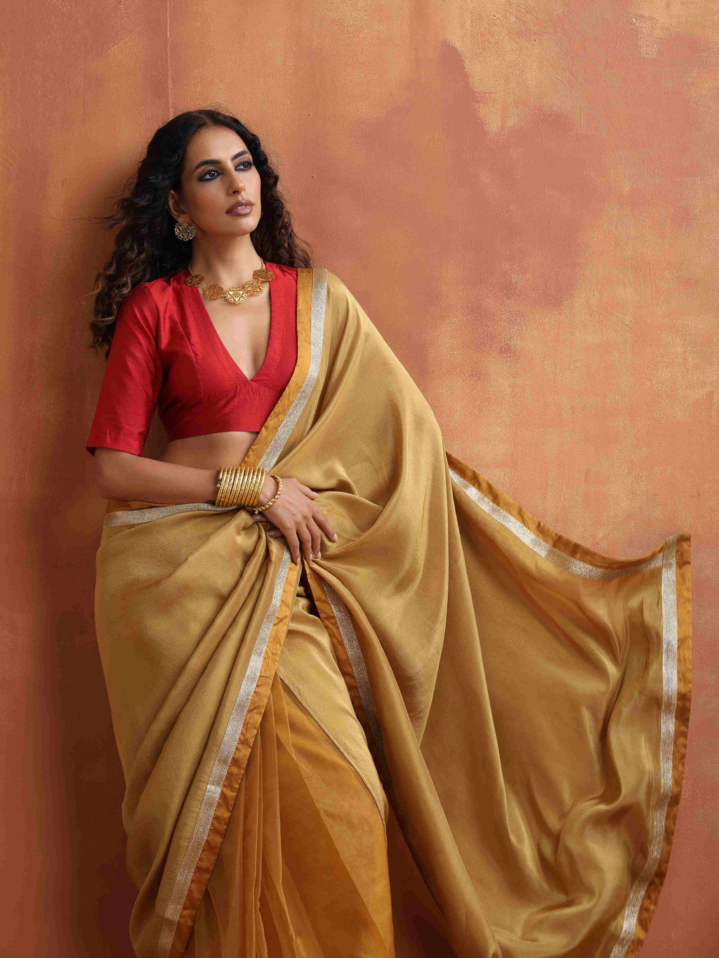 trueBrowns Gold Tissue Ready To Wear Saree | Grocsy