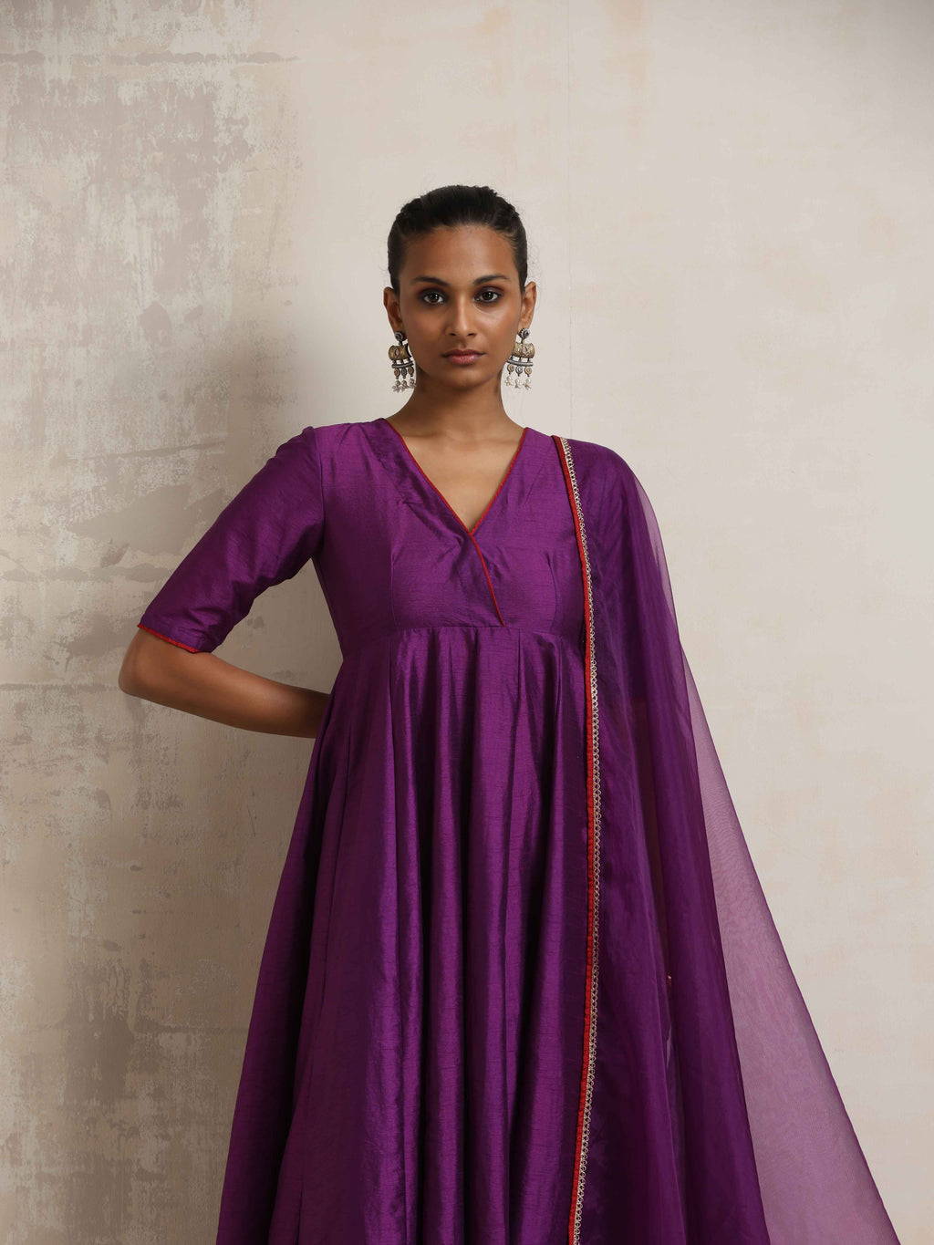 trueBrowns Purple Silk Anarkali Kurta Pant Dupatta Set | Grocsy