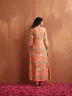 trueBrowns Orange Floral Print A-line Kurta Set | Grocsy