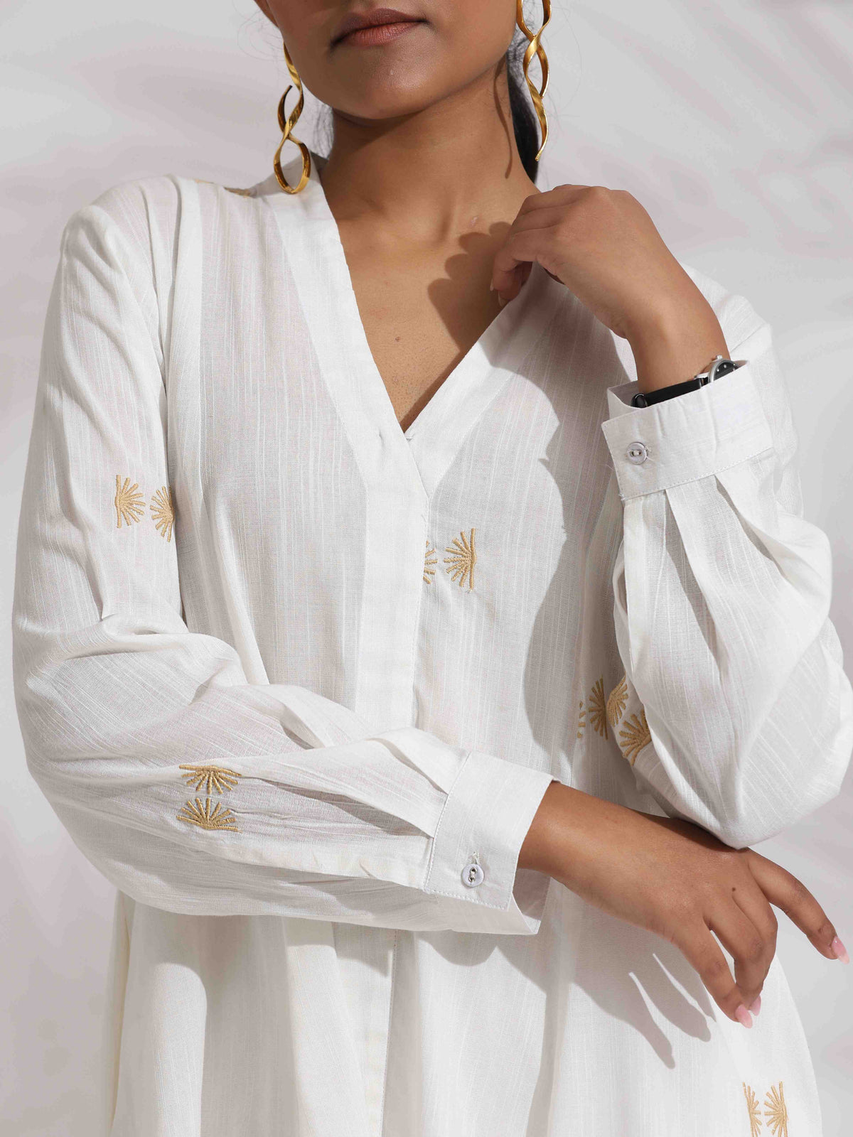 trueBrowns Off-White Cotton Embroidered A-line Co-ord Set | Grocsy