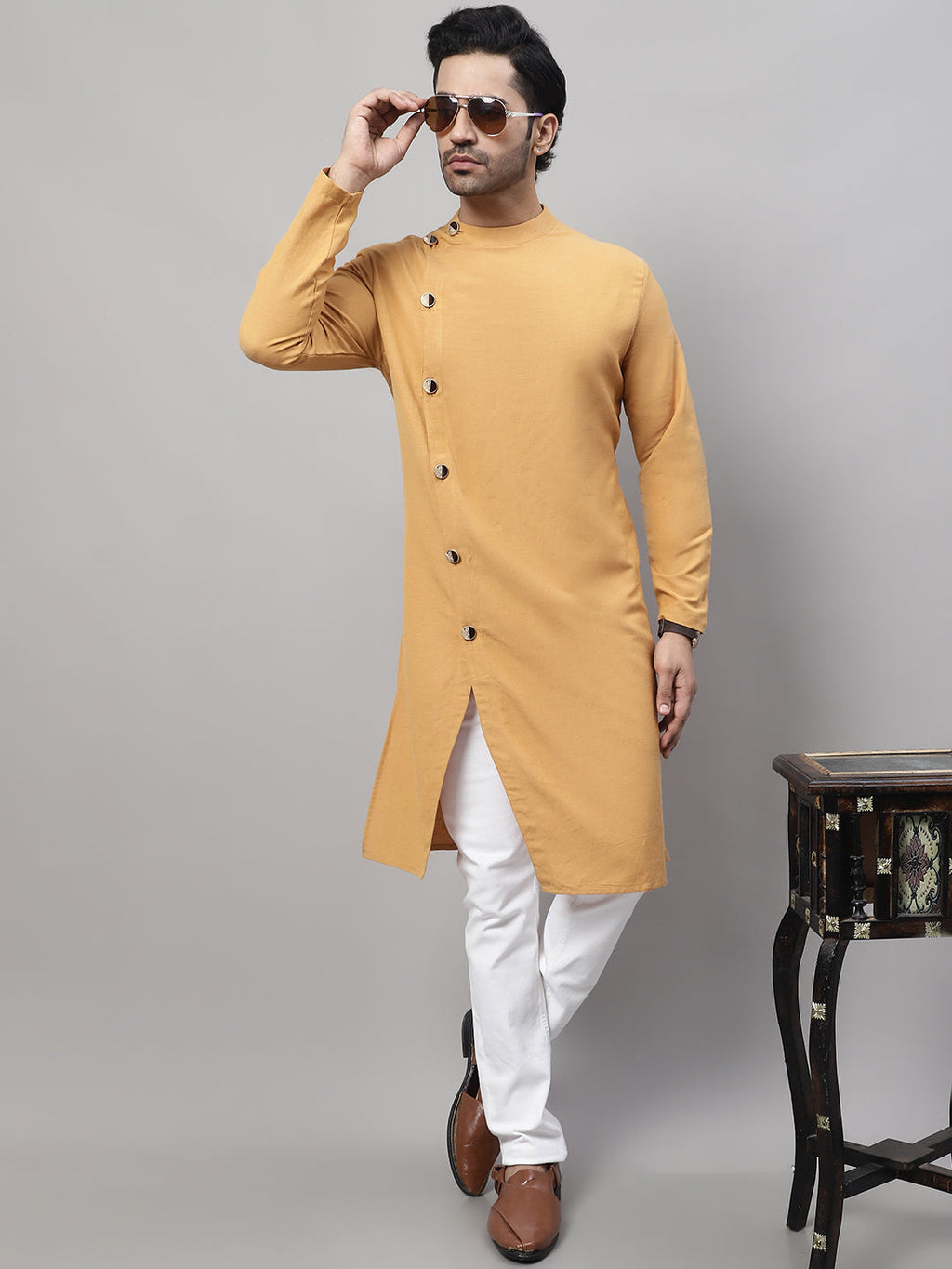 Even Apparels Mustard Sherwani Kurta With Asymetrical Cut | Grocsy