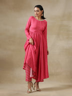 trueBrowns Pink Bandhani Printed Silk Anarkali Kurta Pant Dupatta Set | Grocsy