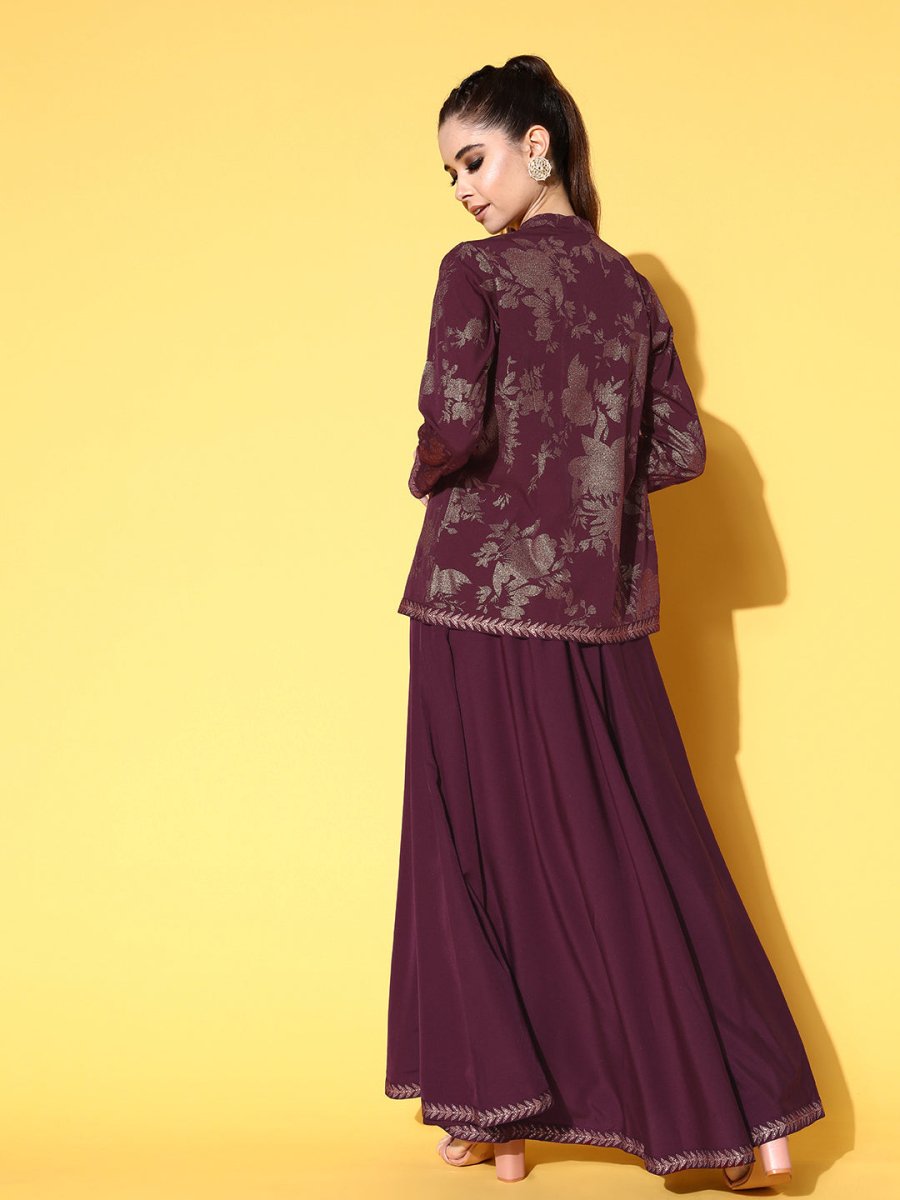 Ahalyaa Women Burgundy Top With Skirt & With Jacket | Grocsy