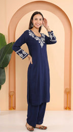 Gharana India Ishq Luxury Rayon 2Pc Navy Blue Chikankari Kurta Set | Grocsy