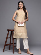 Ahalyaa Women Tan & Gold-Toned Geometric Printed Kurta | Grocsy