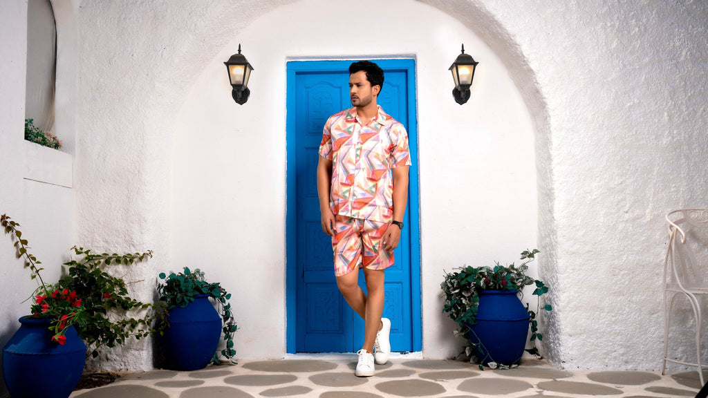 Noroke Sustainable fabric | Linen Satin Linen Geometric Co-ord Set Men | Grocsy