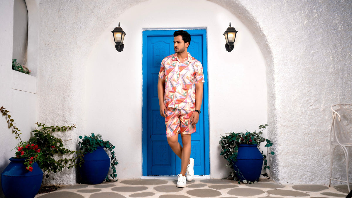 Noroke Sustainable fabric | Linen Satin Linen Geometric Co-ord Set Men | Grocsy