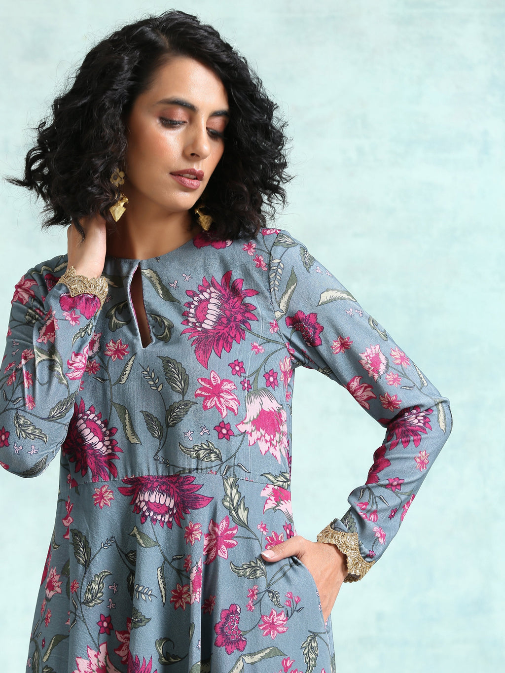 trueBrowns Grey Printed Velvet Anarkali Kurta | Grocsy
