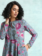 trueBrowns Grey Printed Velvet Anarkali Kurta | Grocsy