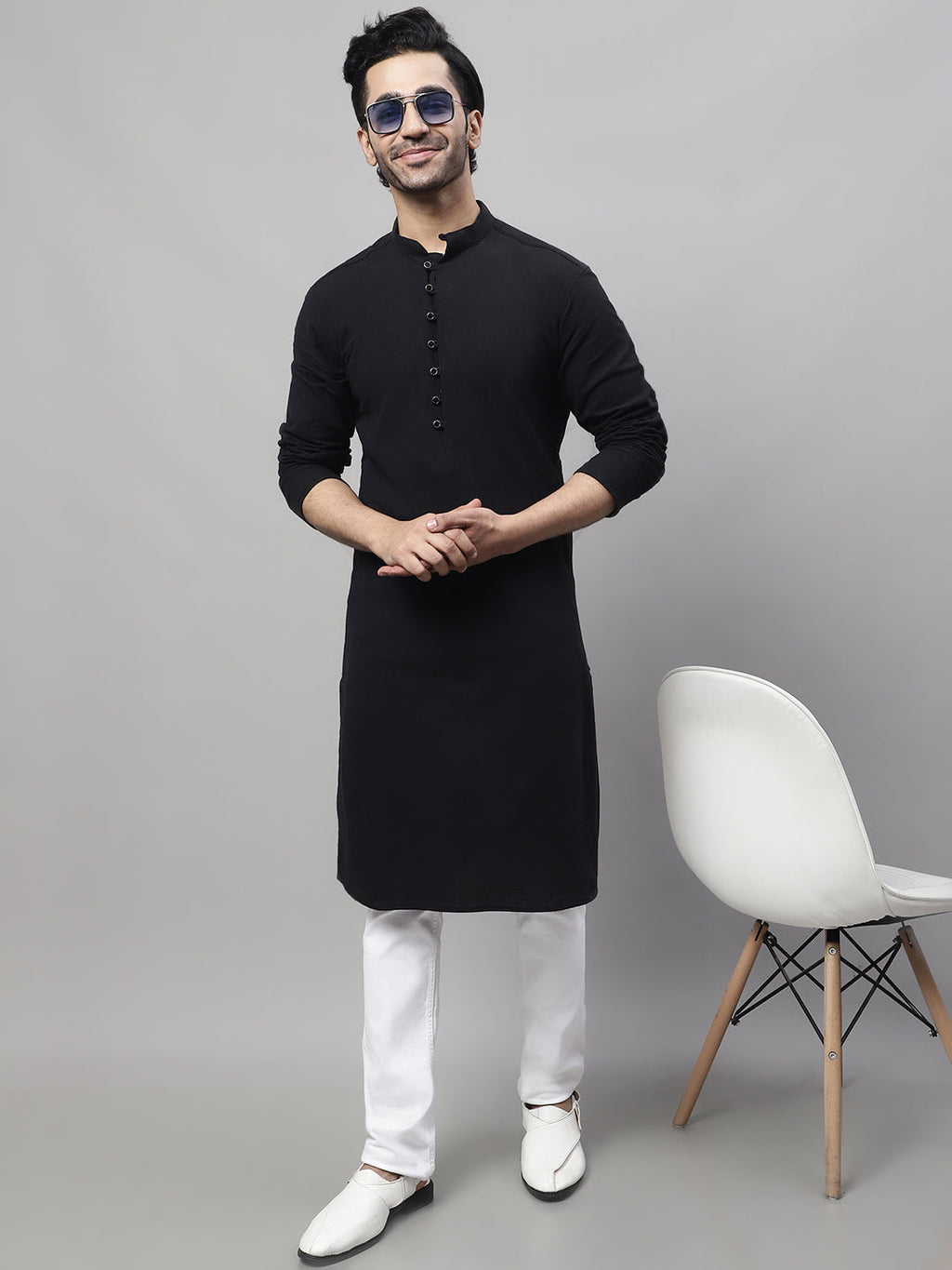 Even Apparels Black Pure Cotton Kurta With Band Collar | Grocsy