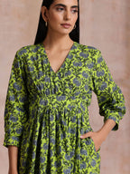 trueBrowns Lime Green Overall Blue Floral Block Print Cotton Wrap Dress | Grocsy
